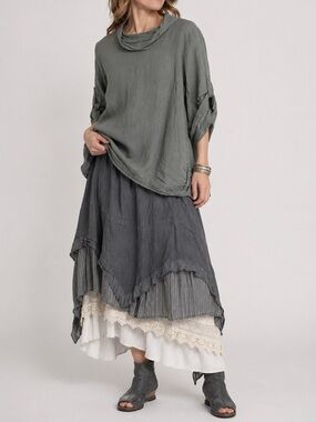 Lina Tomei 100% Italian Linen Roll Tab Sleeve Cowl Neck Top Blouse Large